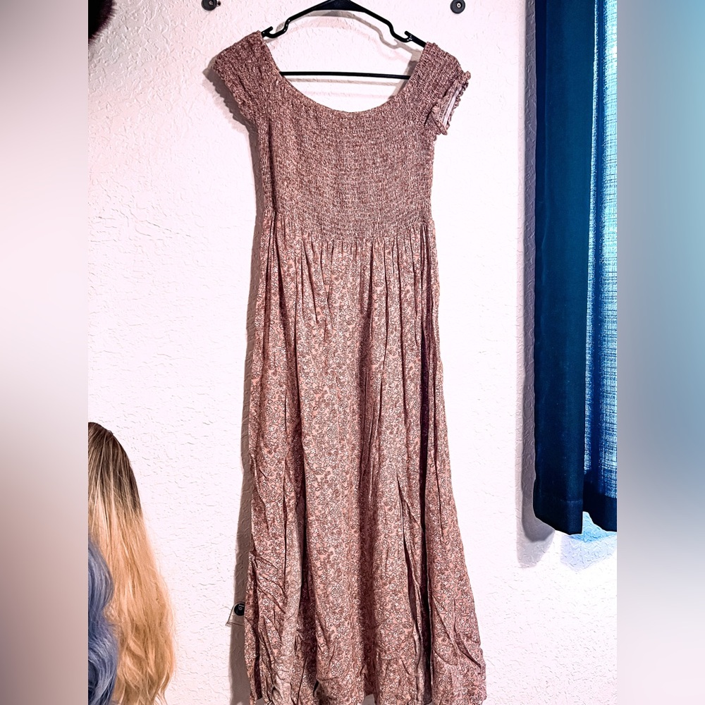 Off shoulder flowered tan summer dress